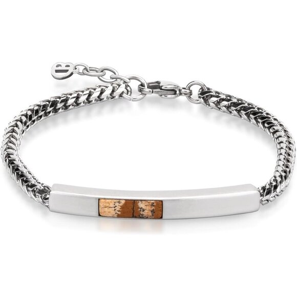 ⭐ COBI Mens Silver ID Bracelet Brown Gold Inlay 316L Stainless Steel 8-9in